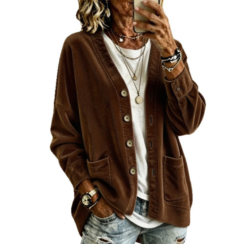 Women's Oversized Cord Cardigan with Patch Pockets and Wooden Buttons Mune Fashion
