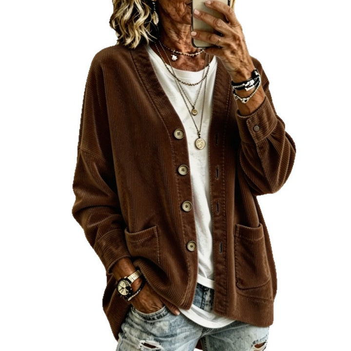 Women's Oversized Cord Cardigan with Patch Pockets and Wooden Buttons Mune Fashion