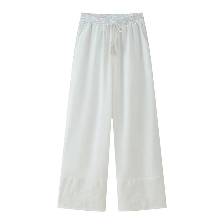 Ladies nan lightweight culotte pants with high elastic waistband, adjustable drawstring, side pockets, and embroidered hem Mune Fashion