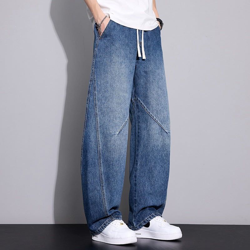 Men's Loose Baggy Jeans with Drawstring Waistband, Distinctive Seaming & Elastic Hem Mune Fashion