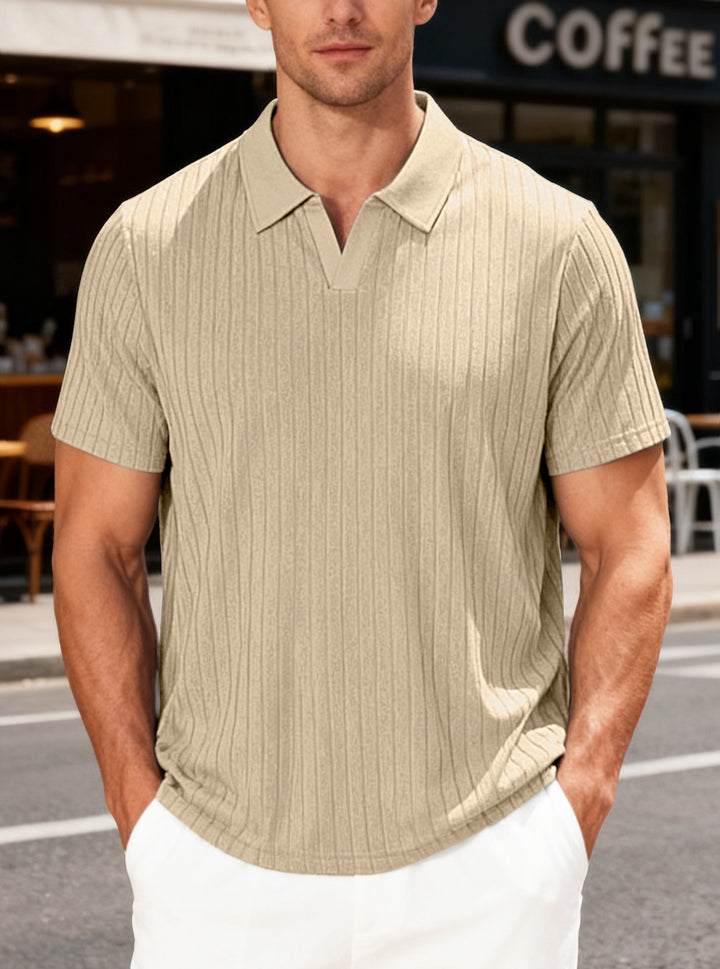 Men's Ribbed Short Sleeve Polo Shirt with V-Neck and Open Collar