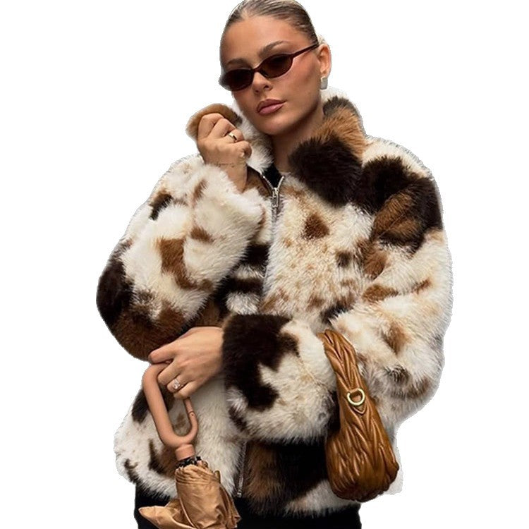 Women's Short Patchwork Faux Fur Jacket with Zipper and Boxy Silhouette Mune Fashion