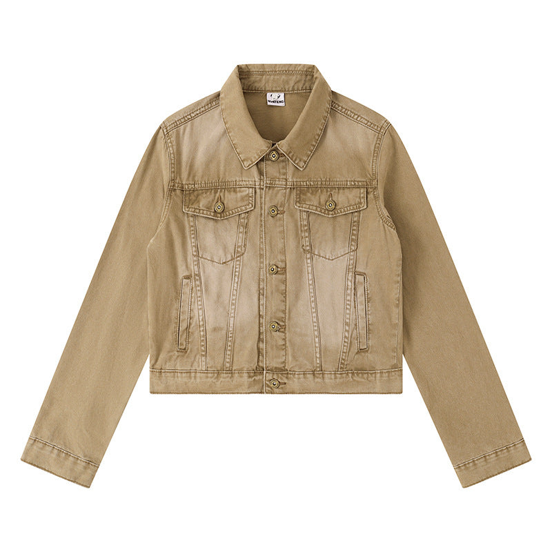 Women's Short Denim Jacket in Vintage Style with Button Placket, Chest Pockets and Fitted Cut Mune Fashion