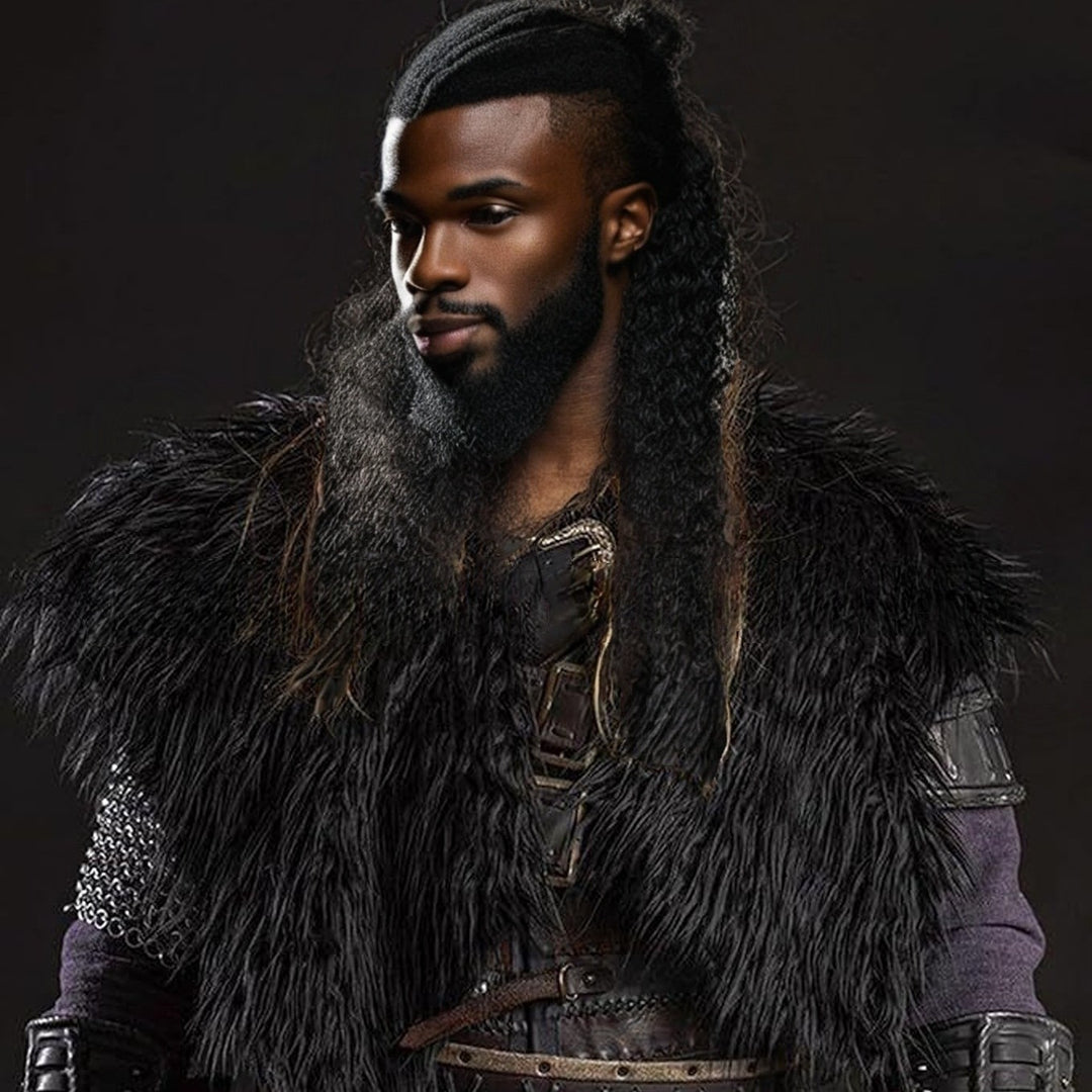 Men's historically inspired faux fur shoulder cape with leather straps Mune Fashion