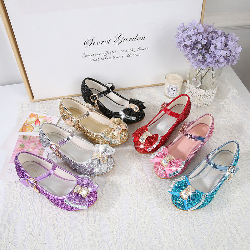 Girls Elegant Glitter Ballet Flats with Decorative Bow and Rhinestone Application Mune Fashion