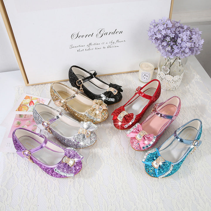 Girls Elegant Glitter Ballet Flats with Decorative Bow and Rhinestone Application Mune Fashion