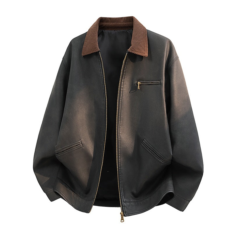 Men's Casual Faux Leather Jacket with Wide Collar Mune Fashion