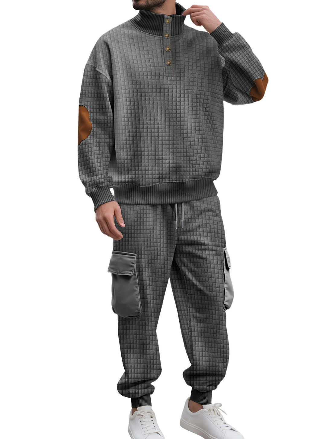 Men's check relief sweat set with stand collar button placket, velour elbow patches and cargo jogger Mune Fashion
