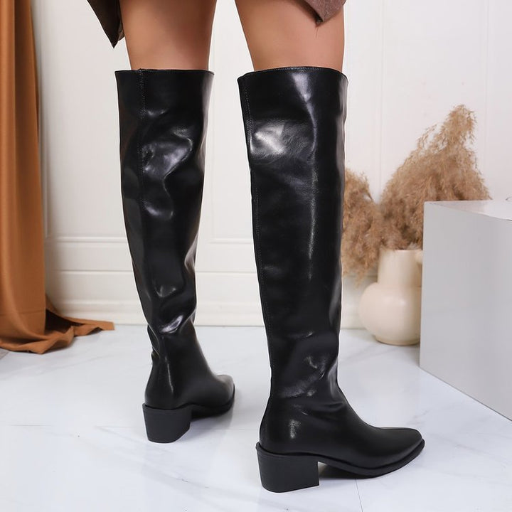 Women's knee-high boots with pointed toe and mid-high block heel Mune Fashion