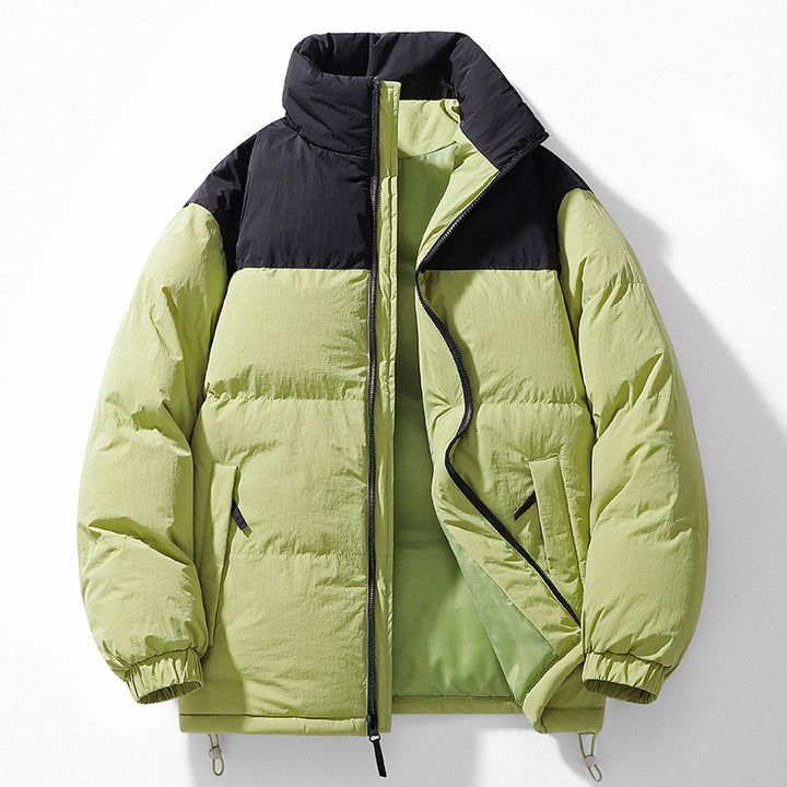 Men's Padded Quilted Jacket with High Collar, Drawstring Hem and Contrast Panel Mune Fashion
