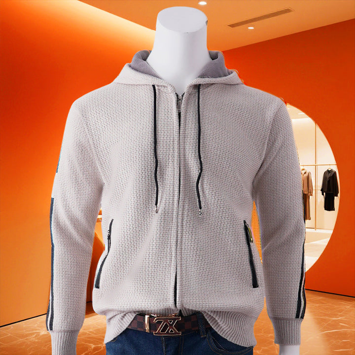 Men's hooded sweat jacket with zipper, textured knit, side pockets and contrast stripes Mune Fashion