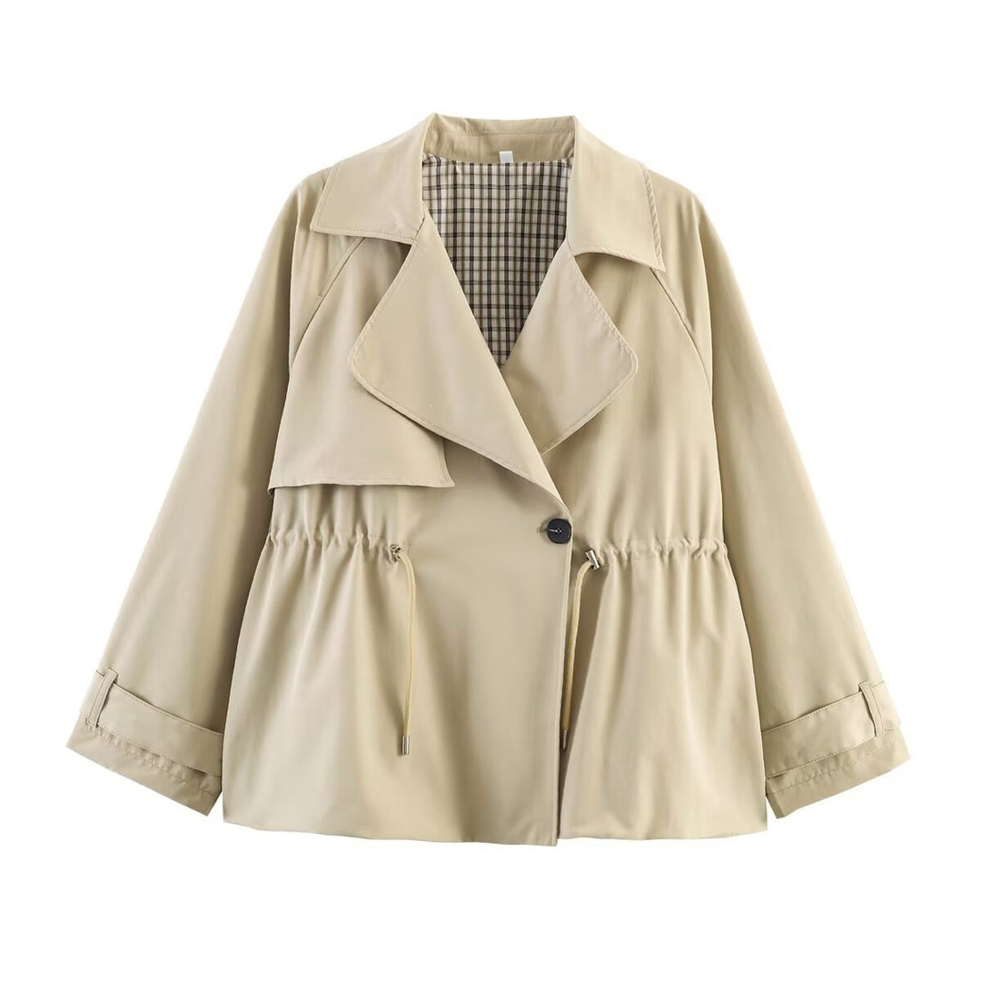 Women's short trench-style jacket with drawstring waist and check lining Mune Fashion