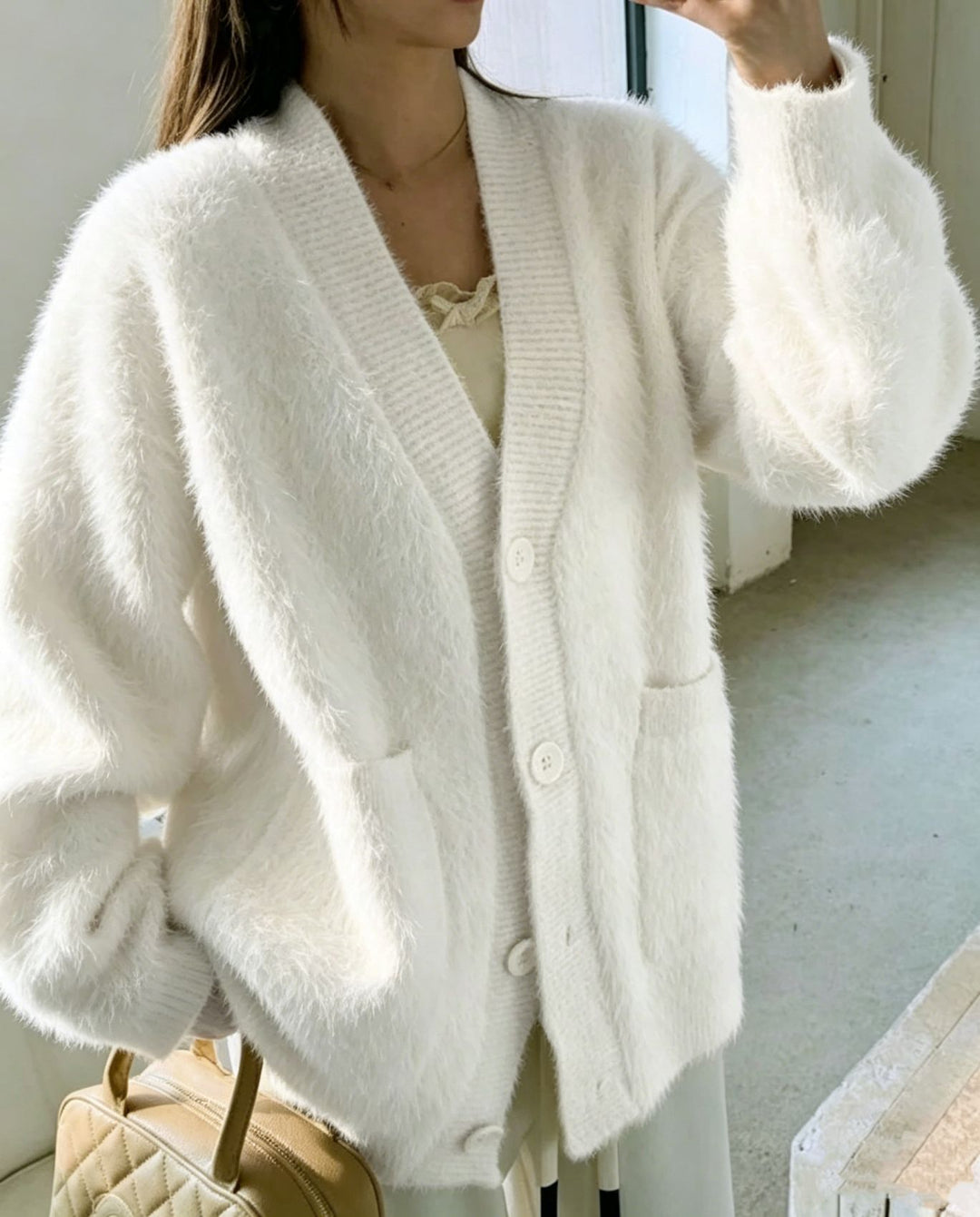 Women's Fluffy Cardigan with Deep V-Neck, Ribbed Button Placket and Patch Pockets Mune Fashion