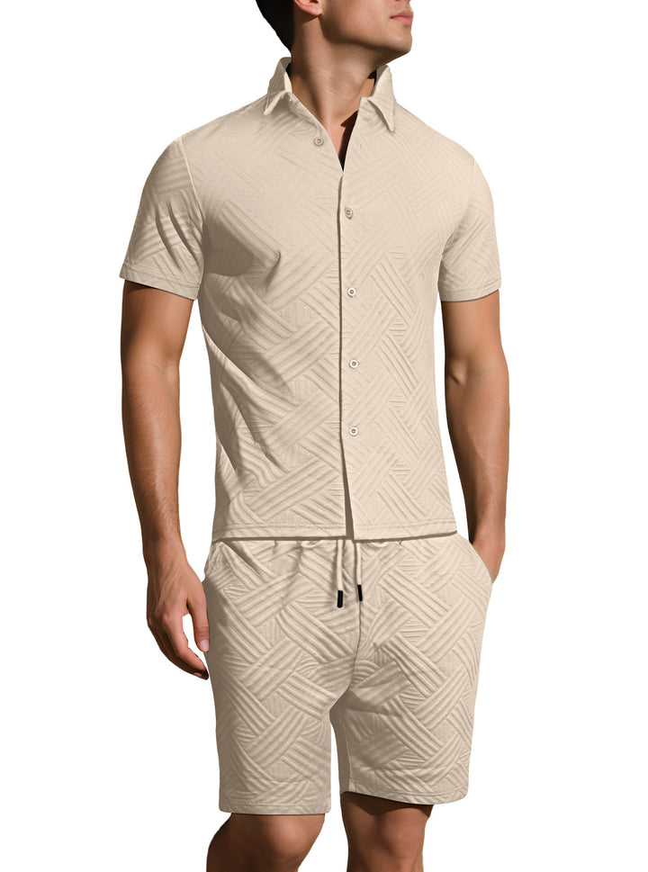 Men's lightweight short-sleeve shirt and Bermuda two-piece set with embossed woven texture and drawstring waistband Mune Fashion