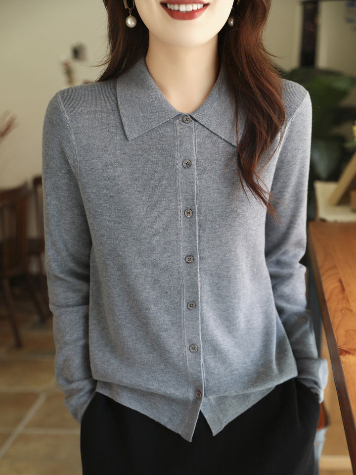 Women Lightweight Fine Knit Cardigan with Polo Collar and Continuous Button Placket Mune Fashion