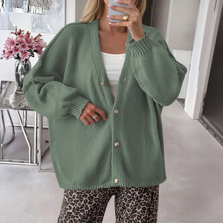 Women's Boucle Oversize Cardigan with Deep V-Neck, Kimono Sleeves and Gold Decorative Buttons Mune Fashion