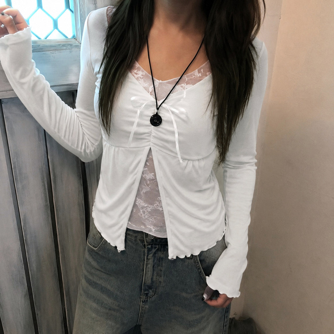 Women Long Sleeve Nursing Top with Front Opening, Gathering and Floral Lace Insert Mune Fashion