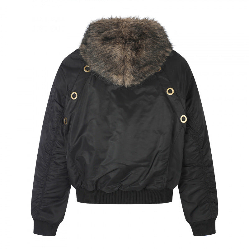 Women's short-cut bomber jacket with faux fur hood, metal eyelets and zipper Mune Fashion