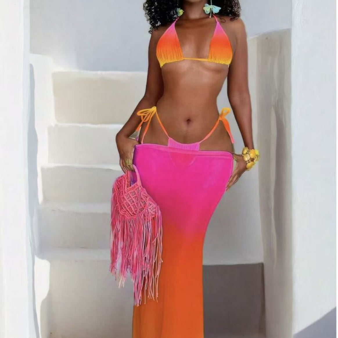 Women's bikini set with stylish lacing details and airy maxi dress overlay Mune Fashion