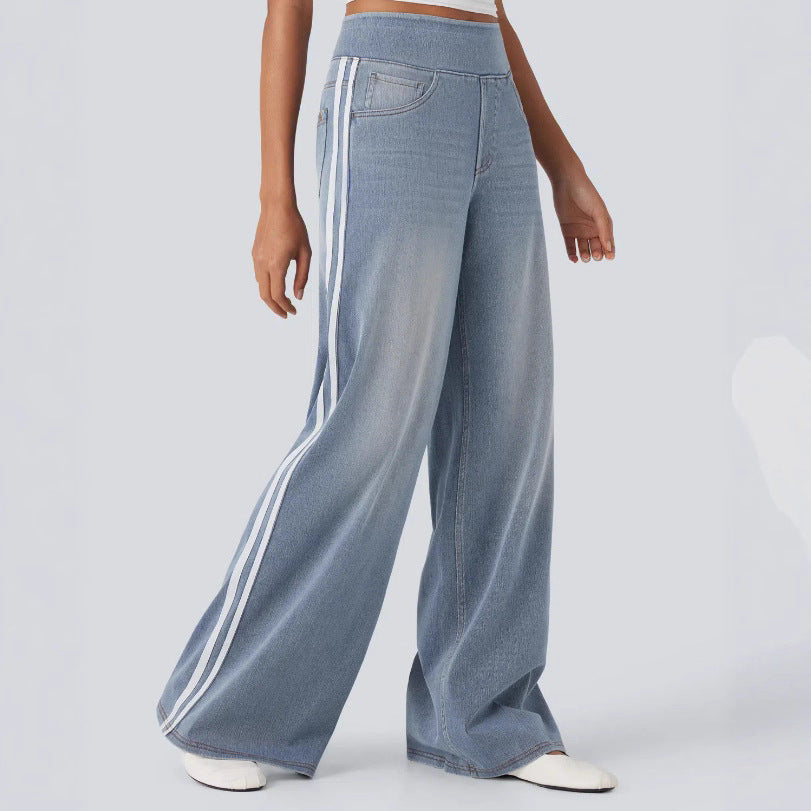 Women's wide sweatpants in denim look with side contrast stripes and comfort waistband Mune Fashion