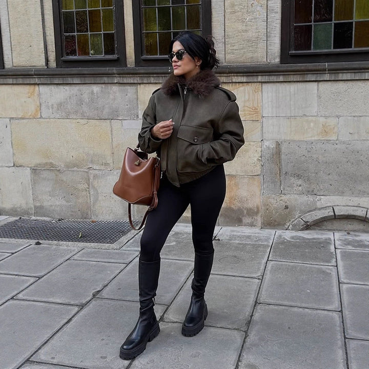Women's pilot jacket made of suede imitation with removable faux fur collar and patch flap pockets Mune Fashion