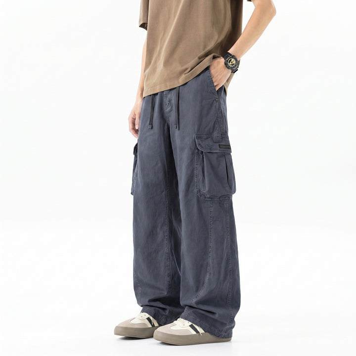 Men's Loose Utility Cargo Pants with Drawstring Waistband, Segment Seams and Large Flap Pockets Drune