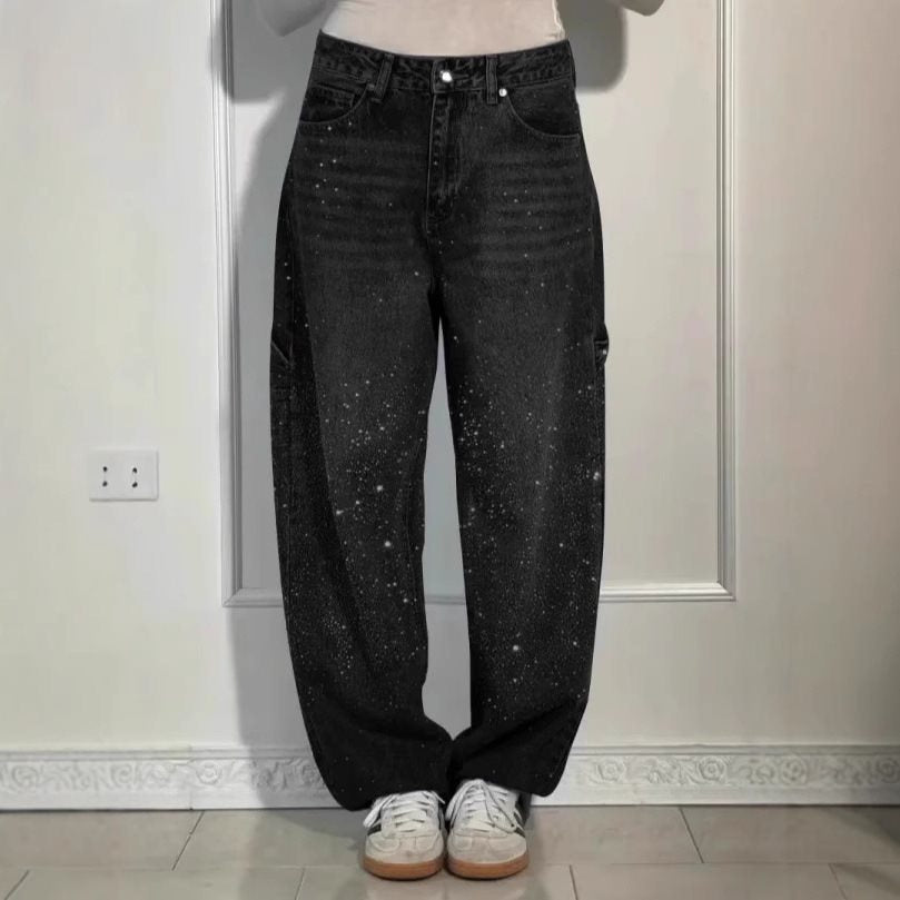 Women's High-Waist Jeans in loose Cargo cut with sparkling rhinestone trim Mune Fashion