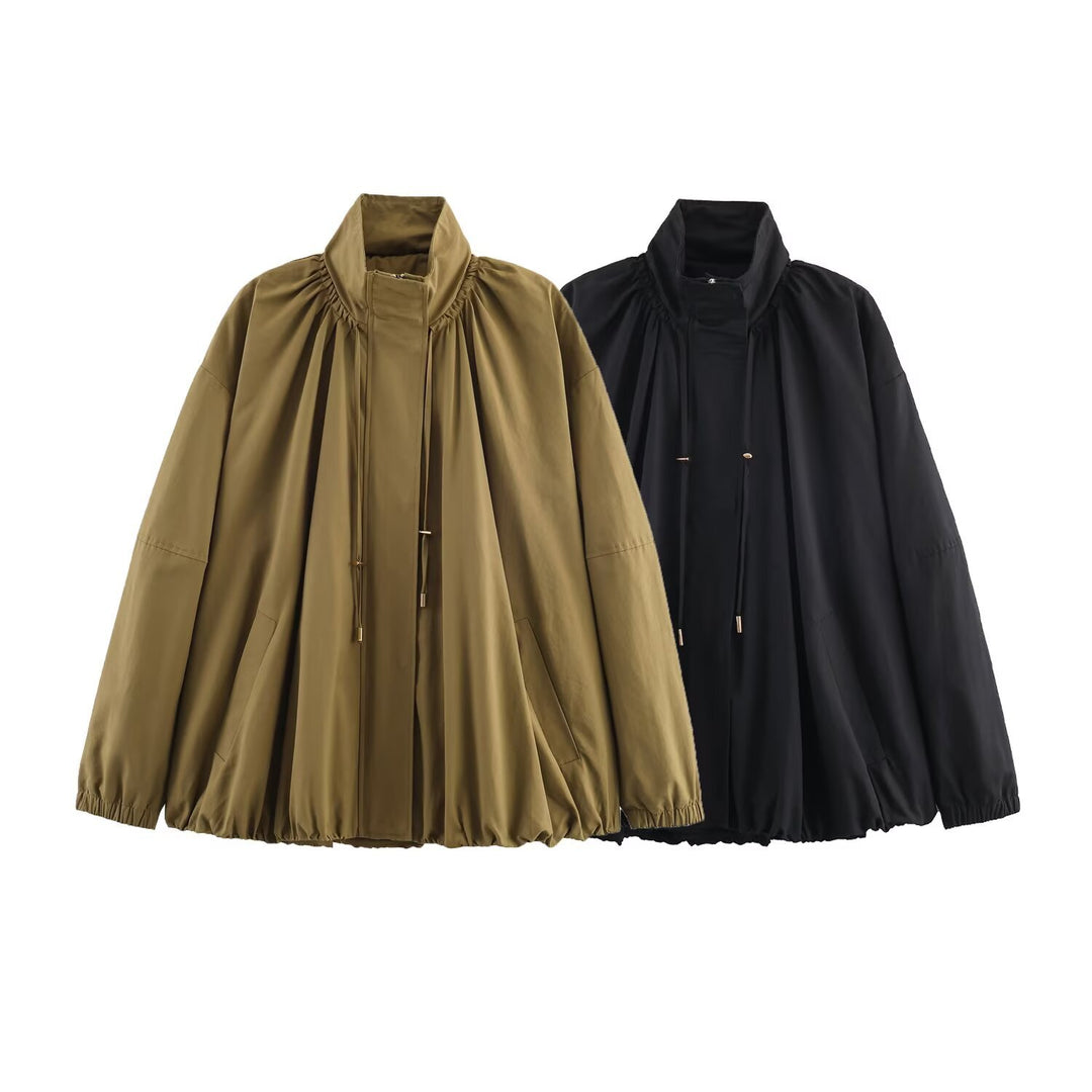 Women's Loose-Fitting Transitional Jacket with Drawstring Collar and Balloon-Shaped Hem Mune Fashion