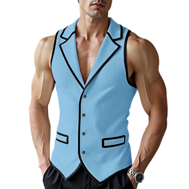 Men's sleeveless tailored jersey vest with notched lapel and contrast piping Mune Fashion