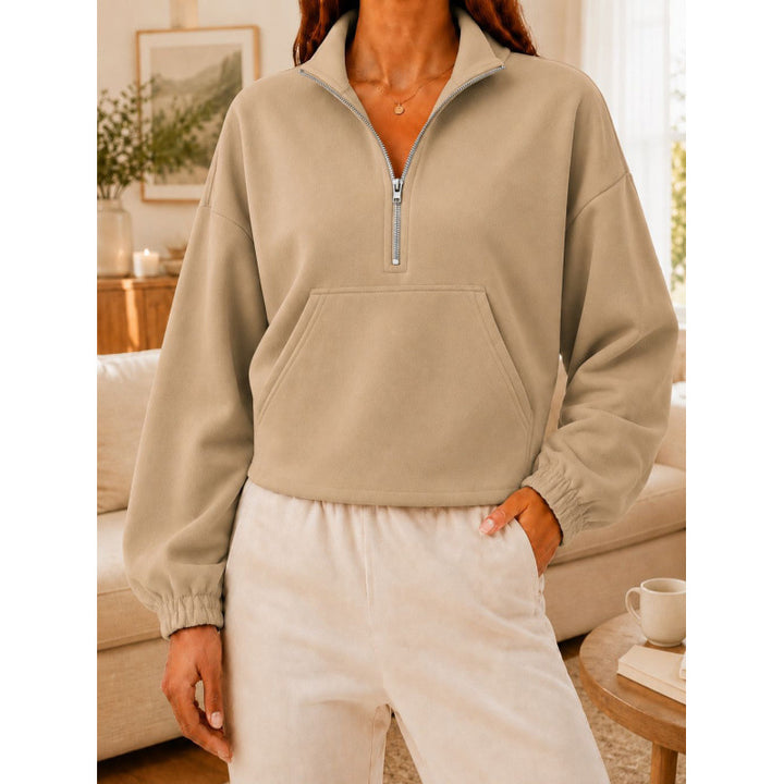 Women's Short Cut Sweatshirt Sweater with Half Zipper and Kangaroo Pocket Mune Fashion