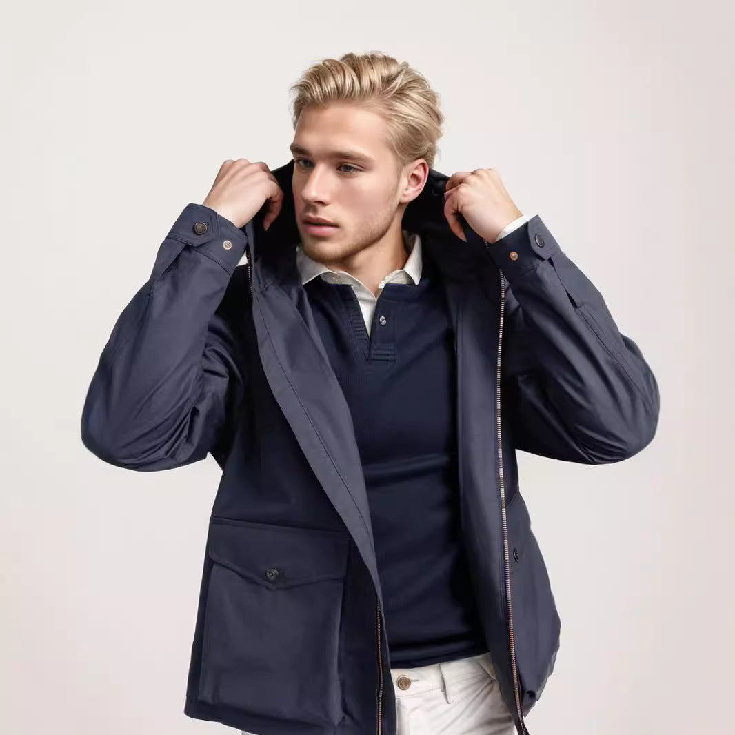 Men's short weatherproof hooded jacket in field style with large flap pockets Mune Fashion