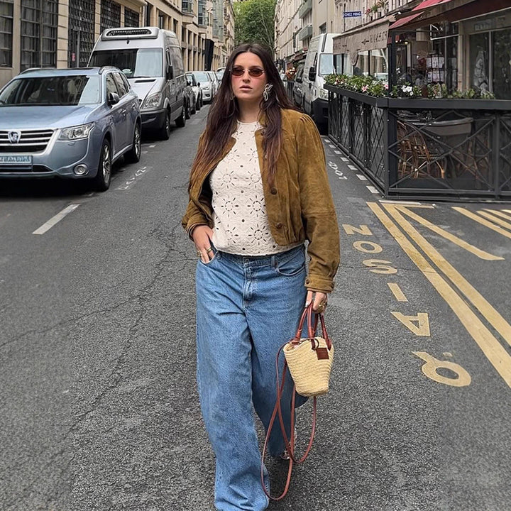 Women's Short Suede Jacket with Pleats, Puff Sleeves & Button Placket Mune Fashion