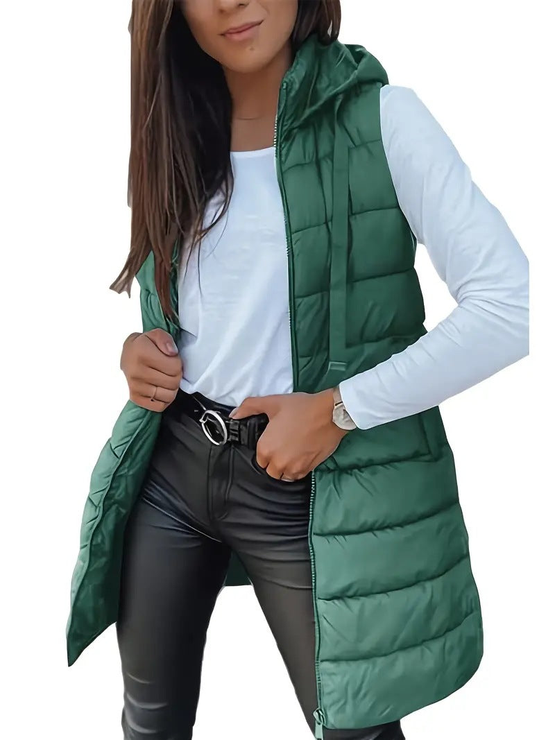 Ladies nan long quilted hooded vest with two-way zipper and side pockets Mune Fashion