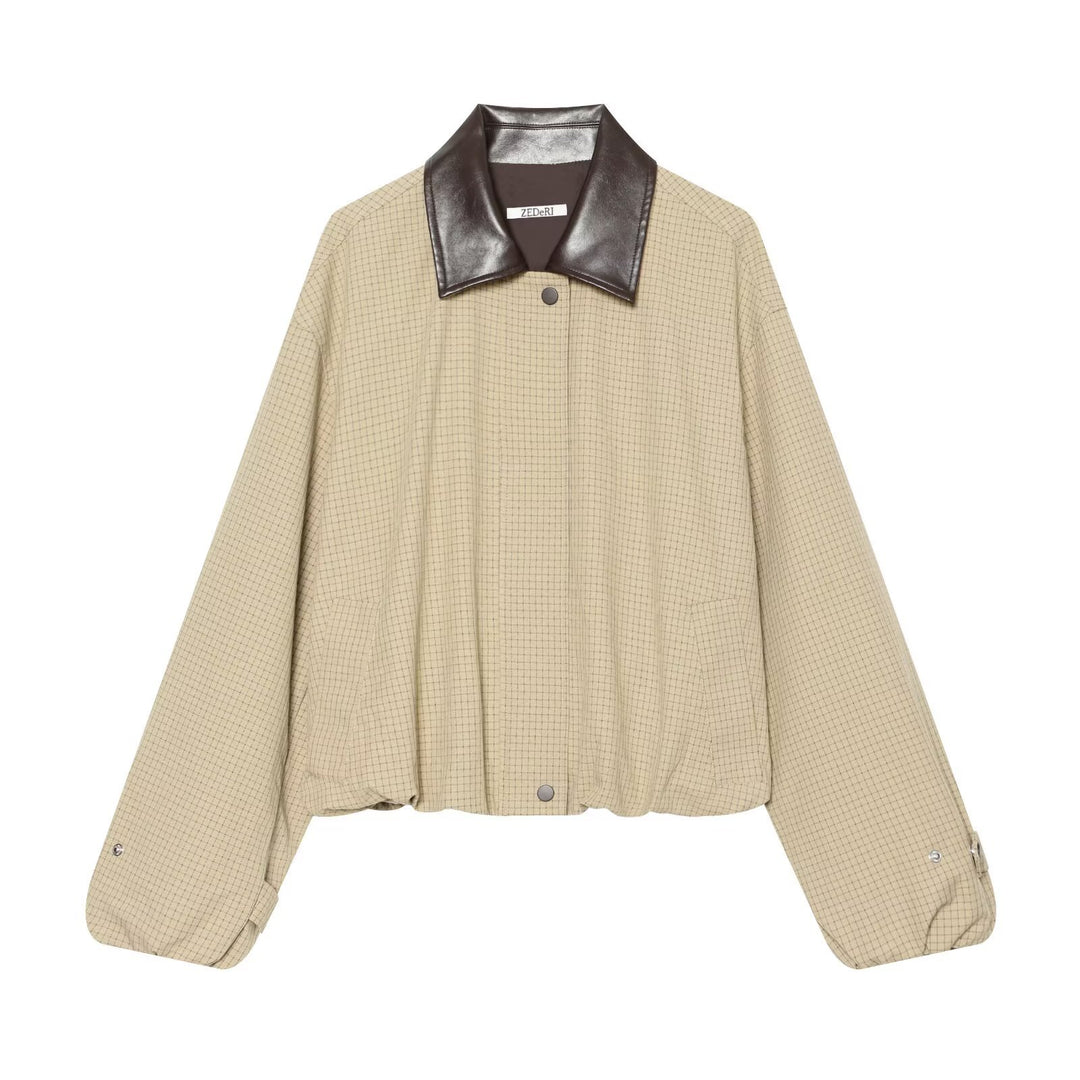 Women's Short-Cut Checked Blouson with Contrasting Leather Collar Drune