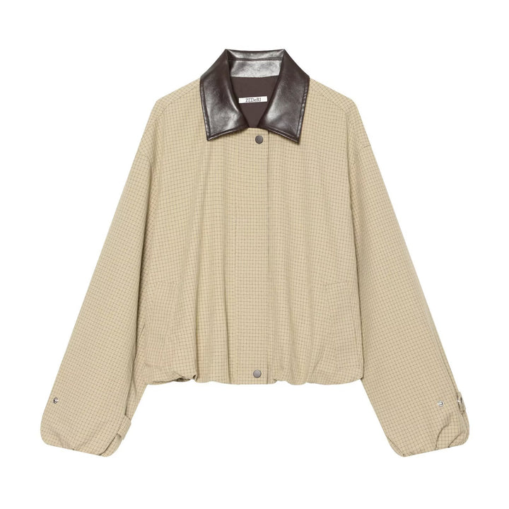 Women's Short-Cut Checked Blouson with Contrasting Leather Collar Drune