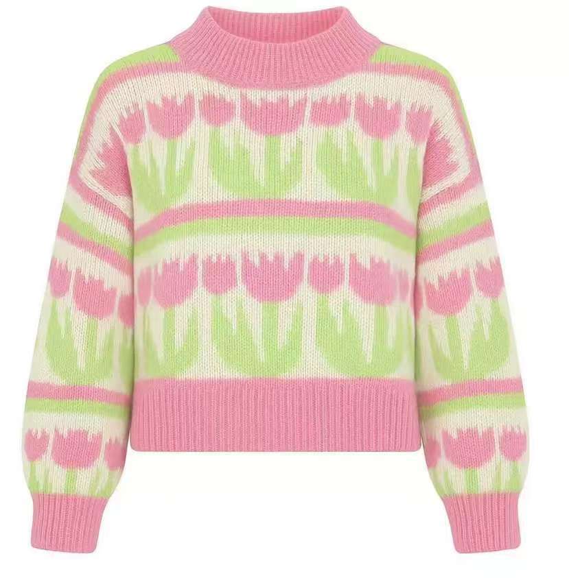 Women's chunky knit sweater with knitted heart patterns, high stand-up collar, and relaxed oversized silhouette Mune Fashion