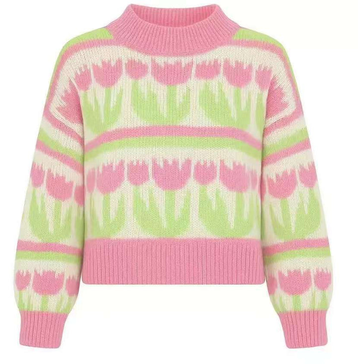 Women's chunky knit sweater with knitted heart patterns, high stand-up collar, and relaxed oversized silhouette Mune Fashion