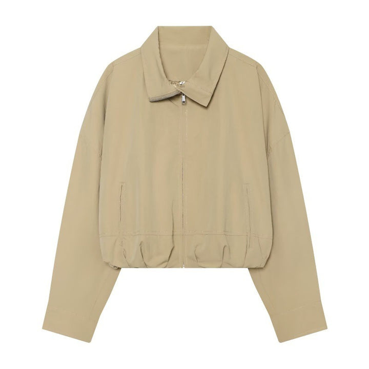 Women Cropped Boxy Jacket with Zipper, Stand-Up Collar and Elastic Hem Mune Fashion