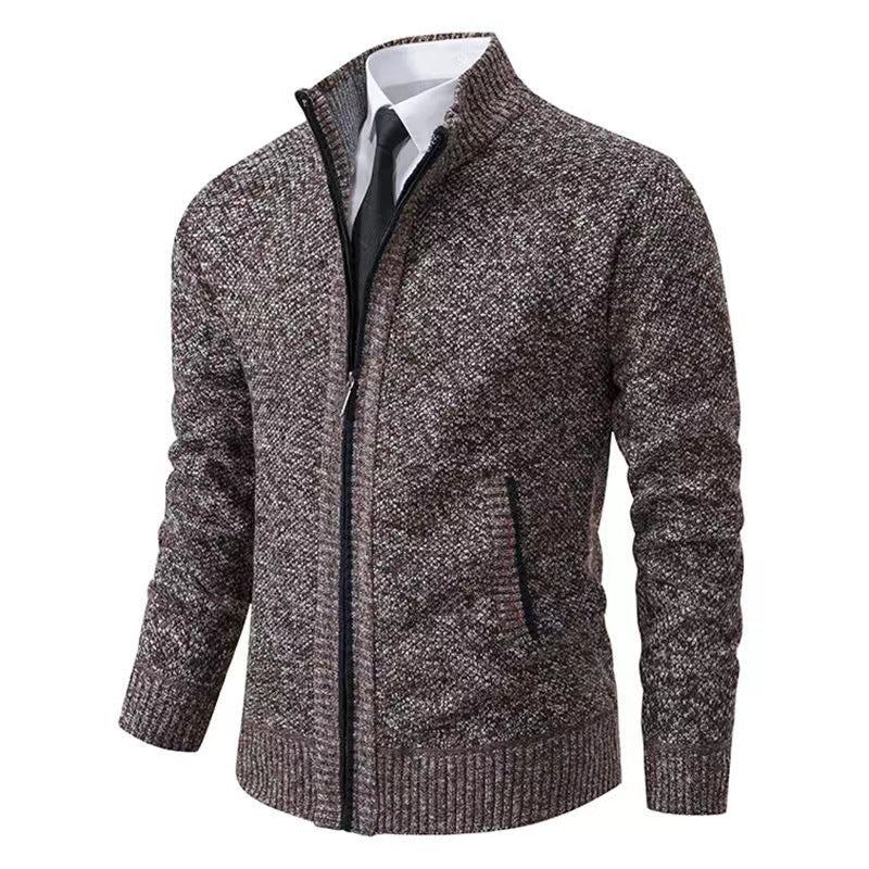 Men's melange knit zip jacket with high stand-up collar, fine texture and concealed side pockets Mune Fashion