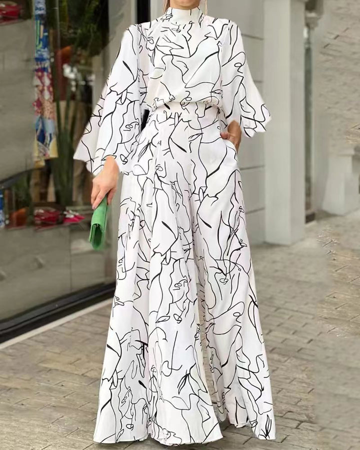 Women's Elegant Longline Jumpsuit with Stand Collar, Balloon Sleeves and Side Pockets