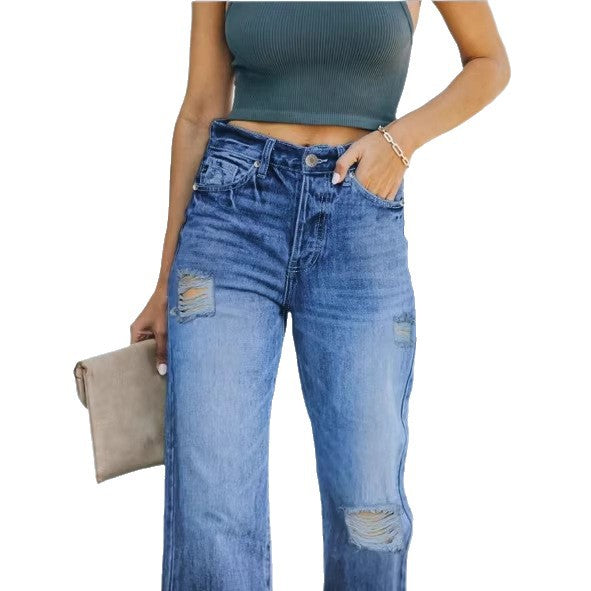 Women high-waisted Relaxed-Straight denim jeans with wide leg and subtle destroy details Mune Fashion