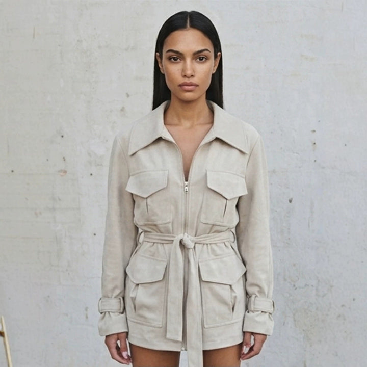 Ladies short jacket in utility shacket style with waist drawstring Mune Fashion