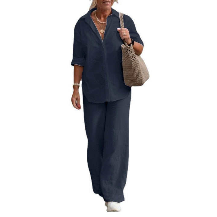 Women's Lightweight Linen Loungewear Set with Open Shirt Collar and Wide Palazzo Pants Mune Fashion