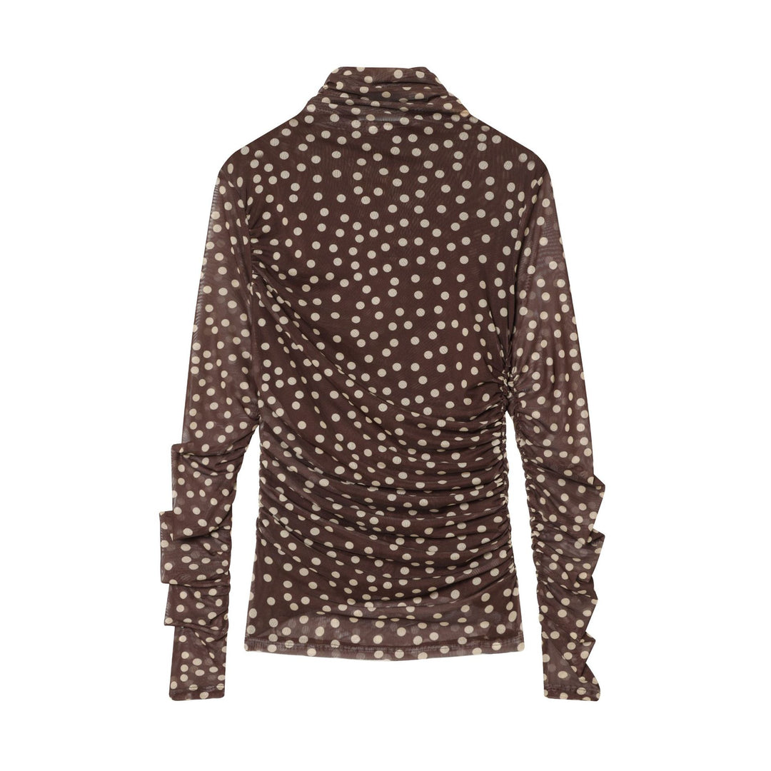Women's gathered long sleeve mesh top with roll neck and polka dot print Mune Fashion