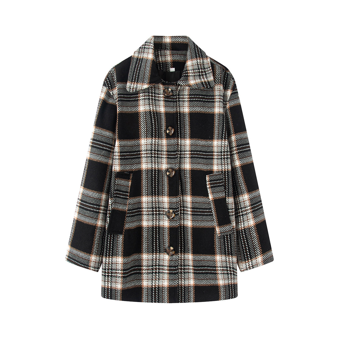 Women's checked wool blend coat with shirt collar, hidden button placket and patch pockets Mune Fashion