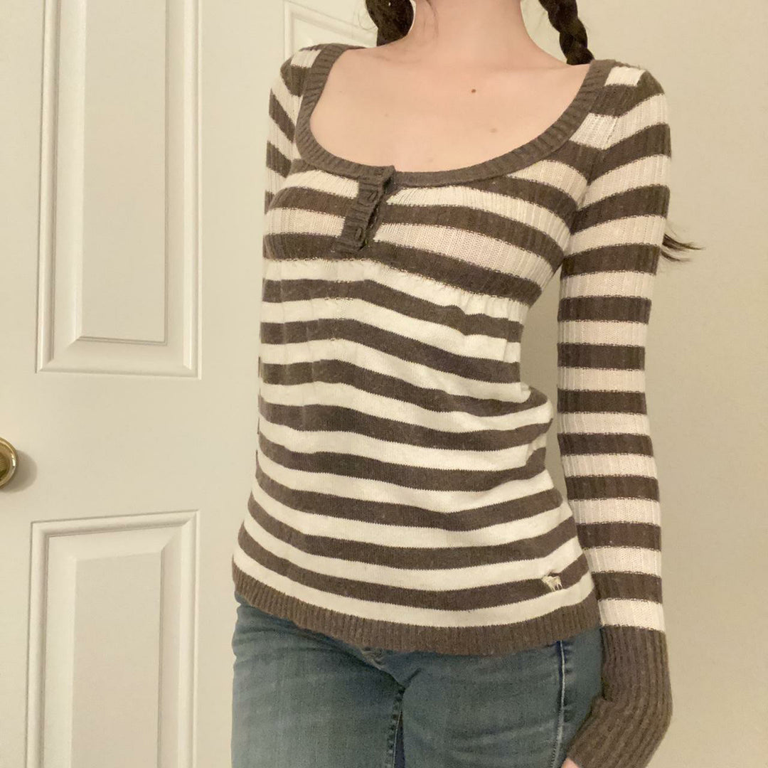 Women's Striped Ribbed Knit Shirt with Boat Neck and Decorative Button Placket Mune Fashion