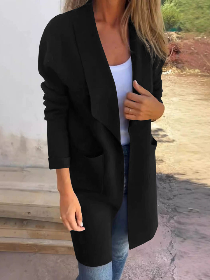 Women's Long Open Cardigan with Shawl Collar, Patch Pockets and Light Fall Drune