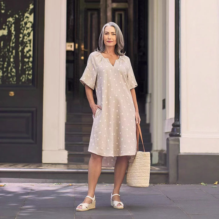 Ladies casual A-line linen look dress with V-neck, gathered shoulder area and side pockets Mune Fashion