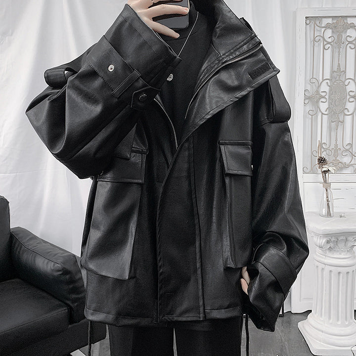Men's Loose-Fit Faux Leather Jacket with Hood, Utility Pockets and Adjustable Cuffs Mune Fashion