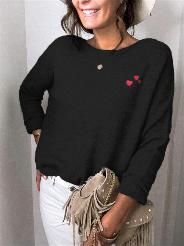 Ladies Oversize Knit Sweater with Heart Embroidery and Wide Boat Neck Drune